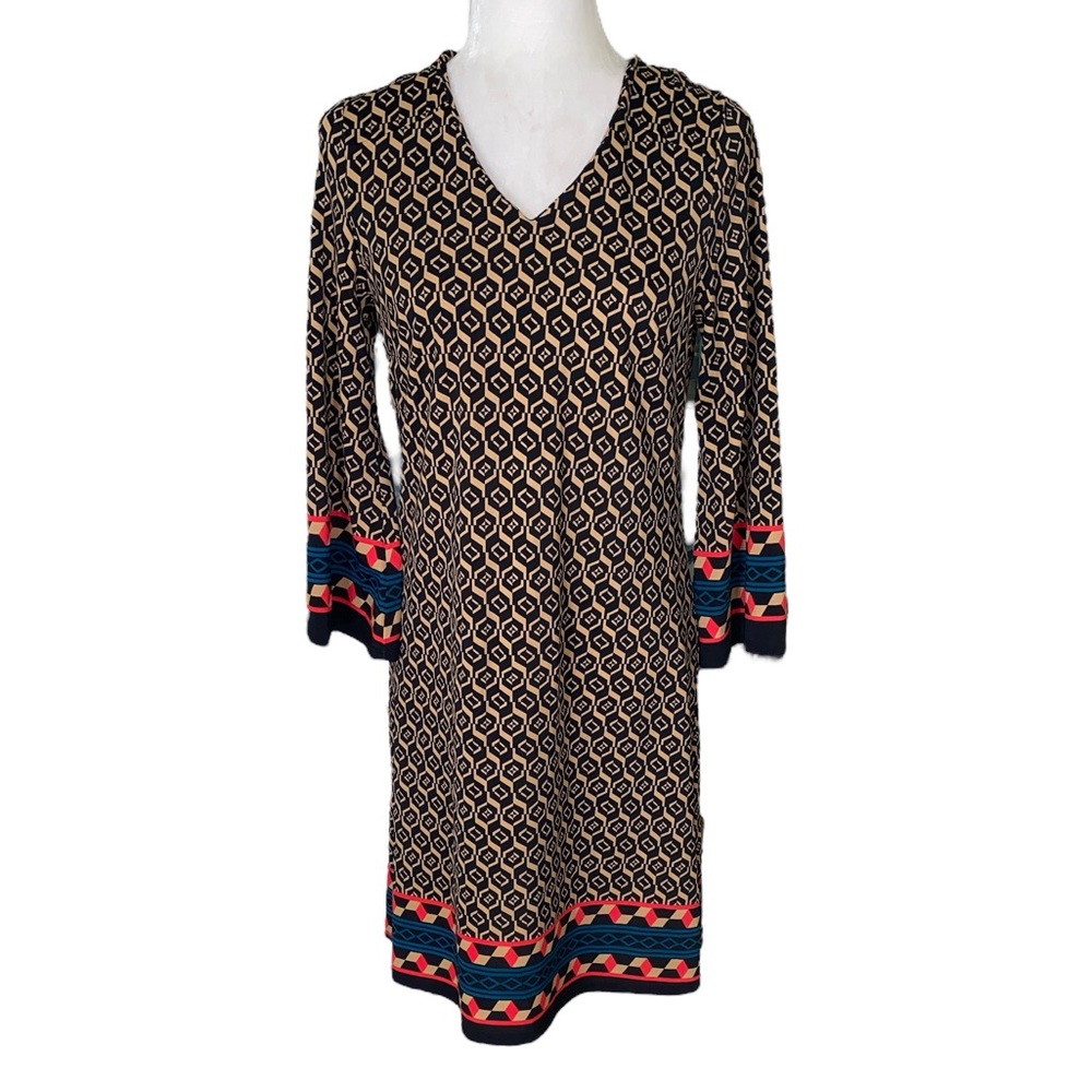 Jude Connally Bell Sleeve Navy Blue Tan Red Sheath Slip Tunic Dress - S